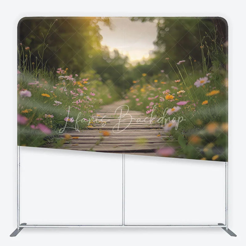 Lofaris Wildflower Meadow and Wooden Path Backdrop Spring Garden Heart Sunlight Scene Floral Tension Fabric
