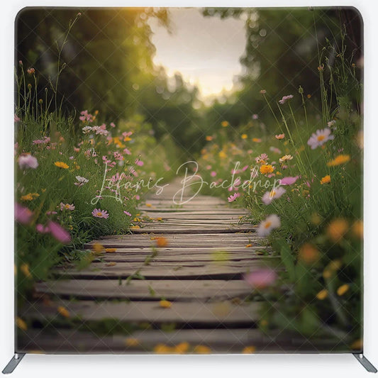 Lofaris Wildflower Meadow and Wooden Path Backdrop Spring Garden Heart Sunlight Scene Floral Tension Fabric