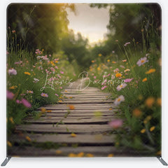 Lofaris Wildflower Meadow and Wooden Path Backdrop Spring Garden Heart Sunlight Scene Floral Tension Fabric