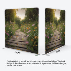 Lofaris Wildflower Meadow and Wooden Path Backdrop Spring Garden Heart Sunlight Scene Floral Tension Fabric