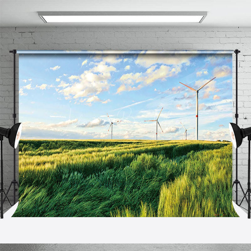 Lofaris Windmill Green Grassland Sky Photography Backdrop