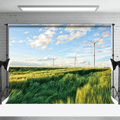 Lofaris Windmill Green Grassland Sky Photography Backdrop