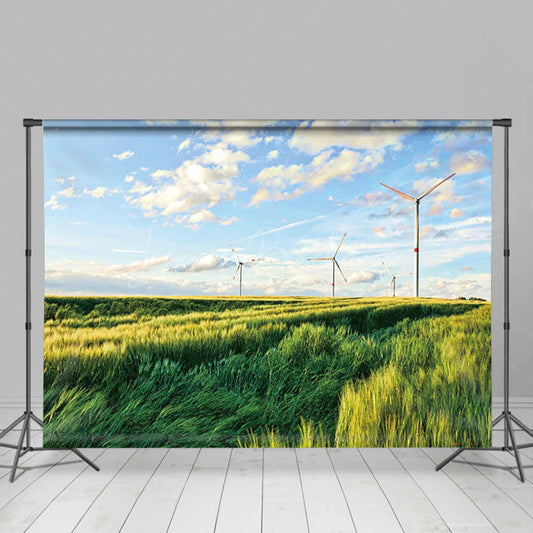 Lofaris Windmill Green Grassland Sky Photography Backdrop