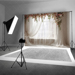 Lofaris Window Photography Backdrop with Sheer Curtains Romantic Pink Floral Garlands Natural Light Portrait Studio Prop