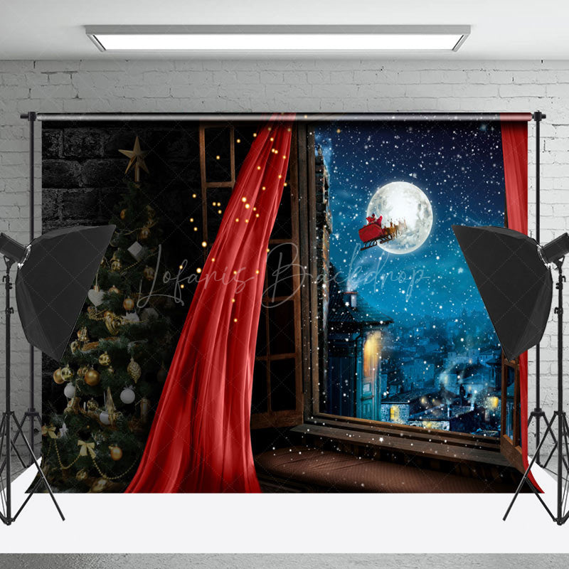 Lofaris Window Snowy Moon Night Christmas Room Set Backdrop