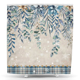 Lofaris Winter Blue Green Plant Leaves Plaid Shower Curtain