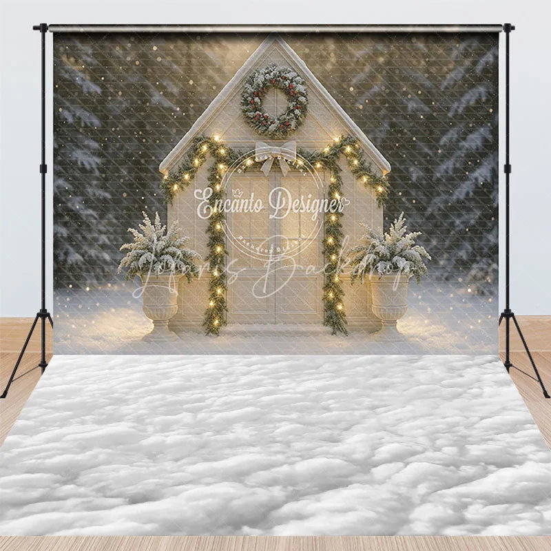 Lofaris Winter Chapel Combo Set Backdrop White Snowy House with Wreath Christmas Holiday Photo Booth Props