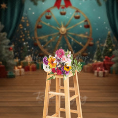 Lofaris Winter Christmas Fair Photography Backdrop Gold Ferris Wheel with Gifts and Trees Holiday Carnival Photo Prop