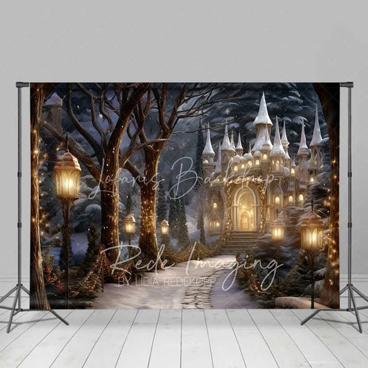 Lofaris Winter Fantasy Castle Backdrop Snowy Path Street Lamps Magical Palace Night Scenery Photo Background