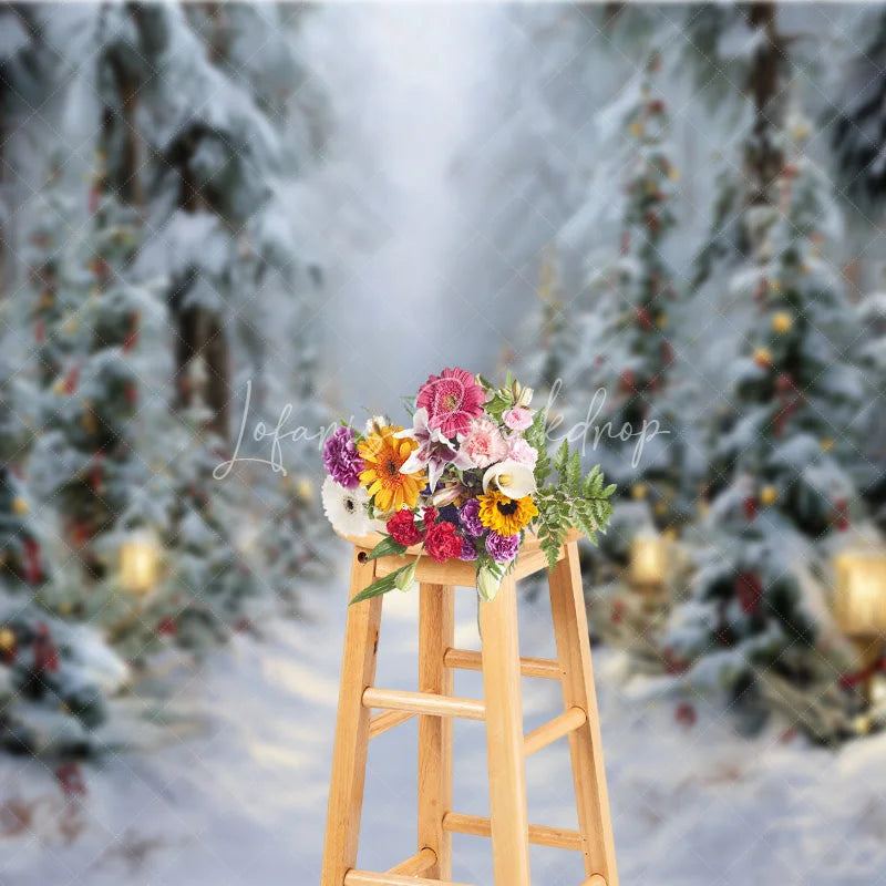 Lofaris Winter Forest Path Christmas Backdrop Street Lamp Snow Tree Photography Background Magical Wonderland Holiday Party Decoration