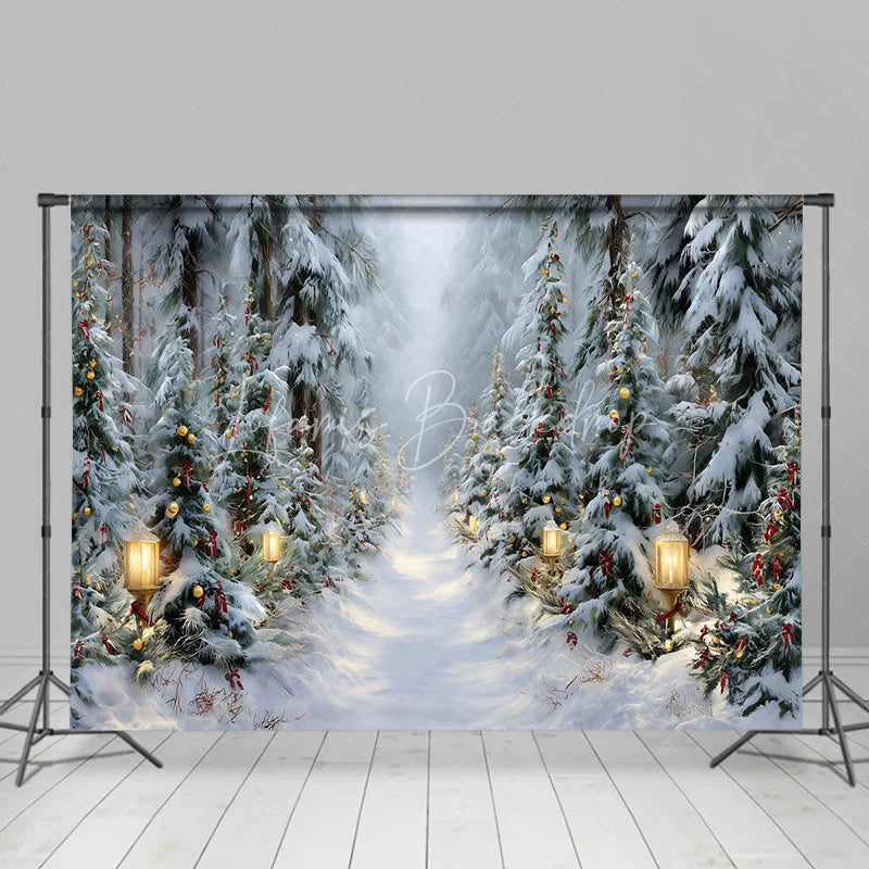 Lofaris Winter Forest Path Christmas Backdrop Street Lamp Snow Tree Photography Background Magical Wonderland Holiday Party Decoration