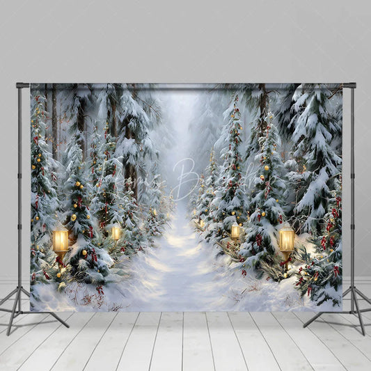 Lofaris Winter Forest Path Christmas Backdrop Street Lamp Snow Tree Photography Background Magical Wonderland Holiday Party Decoration