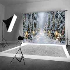 Lofaris Winter Forest Path Christmas Backdrop Street Lamp Snow Tree Photography Background Magical Wonderland Holiday Party Decoration