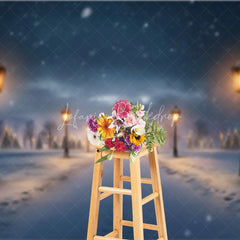 Lofaris Winter Night Street Lamp Backdrop Snowy Path Tree Photography Background Christmas Eve Holiday Party Decoration