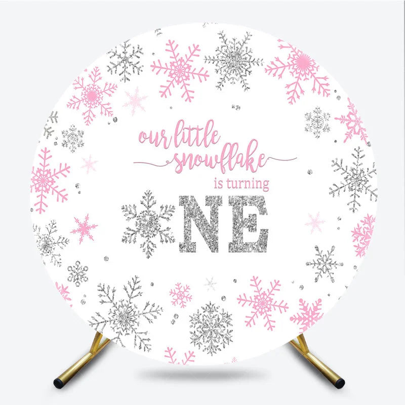 Lofaris Winter Onederland Round Backdrop Pink Silver Snowflake 1st Birthday Decoration Turning One Background