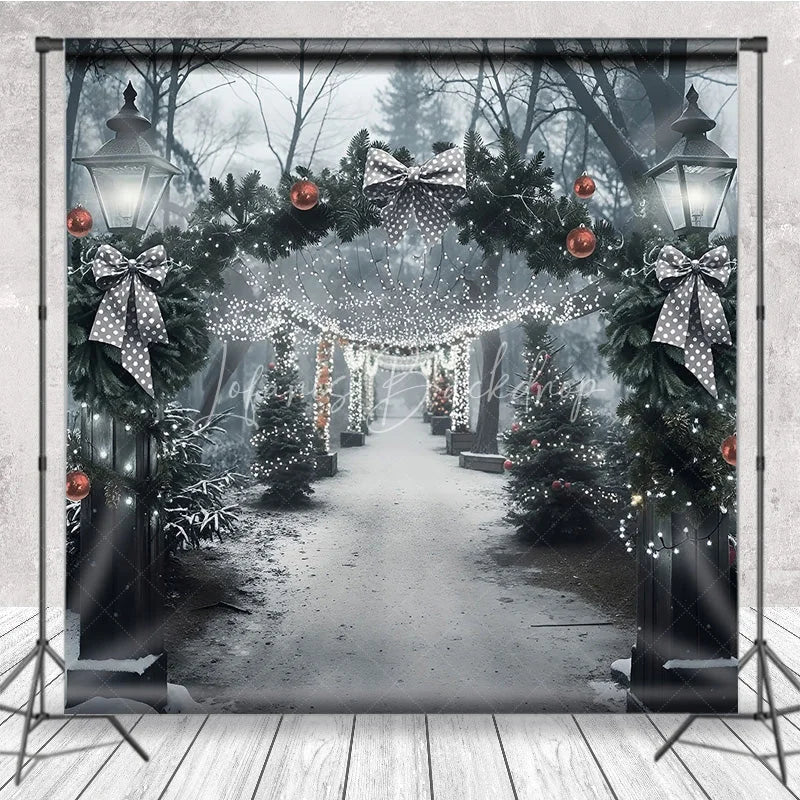 Lofaris Winter Park Christmas Backdrop Street Lamp Grey Bow Light Tunnel Background Snowy Path Holiday Party Decoration