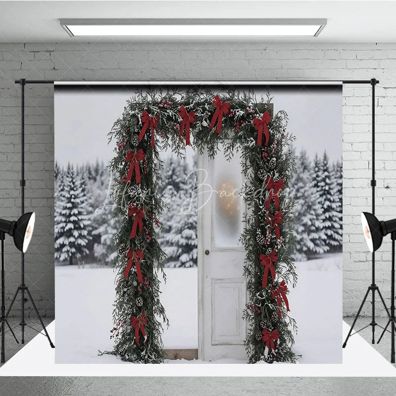 Lofaris Winter Snow Door Frame Backdrop Red Bow Garland Photography Background Outdoor Pine Forest Holiday Party Decoration