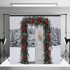 Lofaris Winter Snow Door Frame Backdrop Red Bow Garland Photography Background Outdoor Pine Forest Holiday Party Decoration