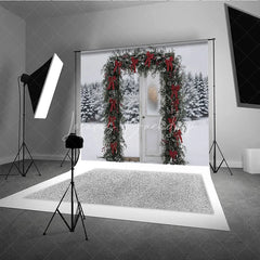 Lofaris Winter Snow Door Frame Backdrop Red Bow Garland Photography Background Outdoor Pine Forest Holiday Party Decoration