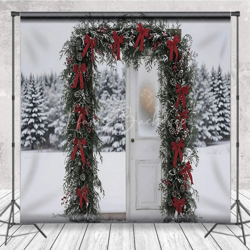 Lofaris Winter Snow Door Frame Backdrop Red Bow Garland Photography Background Outdoor Pine Forest Holiday Party Decoration