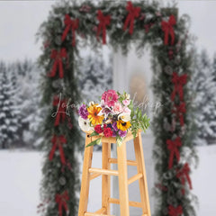 Lofaris Winter Snow Door Frame Backdrop Red Bow Garland Photography Background Outdoor Pine Forest Holiday Party Decoration