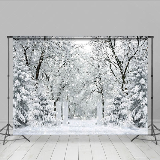 Lofaris Winter Snow Forest Photography Backdrop White Gate to an Enchanted Woods Magical Holiday Photo Background