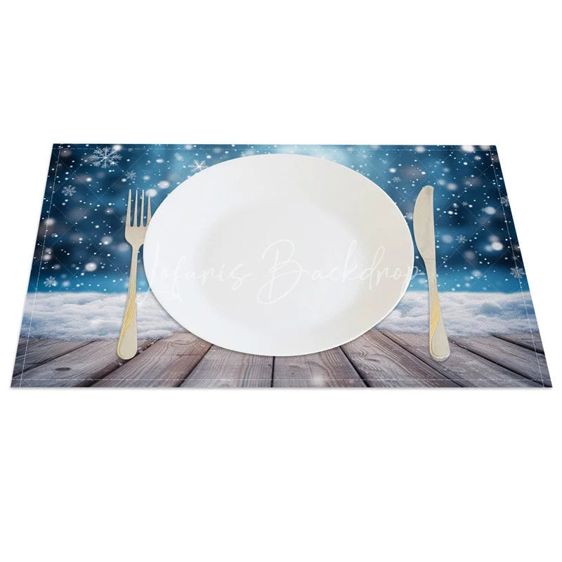 Lofaris Winter Snow Set of 4 Placemats Rustic Wood Floor with Blue Bokeh Christmas Holiday Table Mats Decor