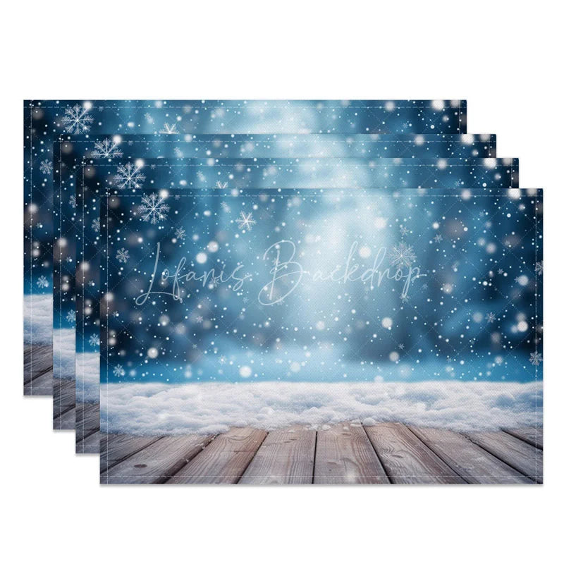 Lofaris Winter Snow Set of 4 Placemats Rustic Wood Floor with Blue Bokeh Christmas Holiday Table Mats Decor