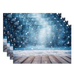 Lofaris Winter Snow Set of 4 Placemats Rustic Wood Floor with Blue Bokeh Christmas Holiday Table Mats Decor