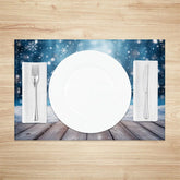 Lofaris Winter Snow Set of 4 Placemats Rustic Wood Floor with Blue Bokeh Christmas Holiday Table Mats Decor