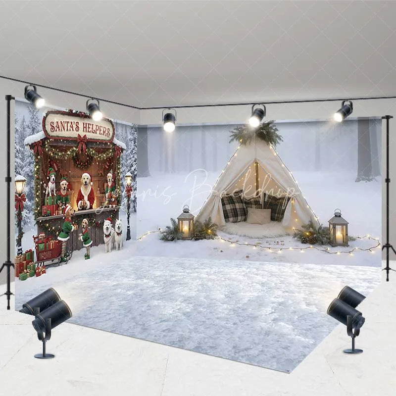 Lofaris Winter Snow Teepee Room Set Backdrop Christmas Santa Helpers Dog Stand Photography Studio Prop