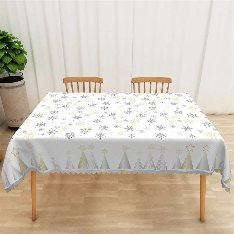 Lofaris Winter Snowflake Rectangle Tablecloth White with Gold and Black Snowflakes Modern Holiday Table Cover