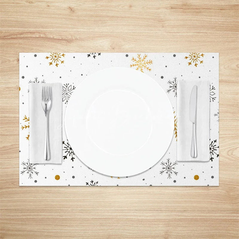 Lofaris Winter Snowflake Set of 4 Placemats White with Gold and Black Snowflakes Modern Holiday Table Mats