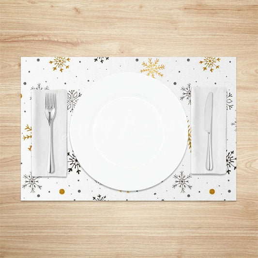 Lofaris Winter Snowflake Set of 4 Placemats White with Gold and Black Snowflakes Modern Holiday Table Mats