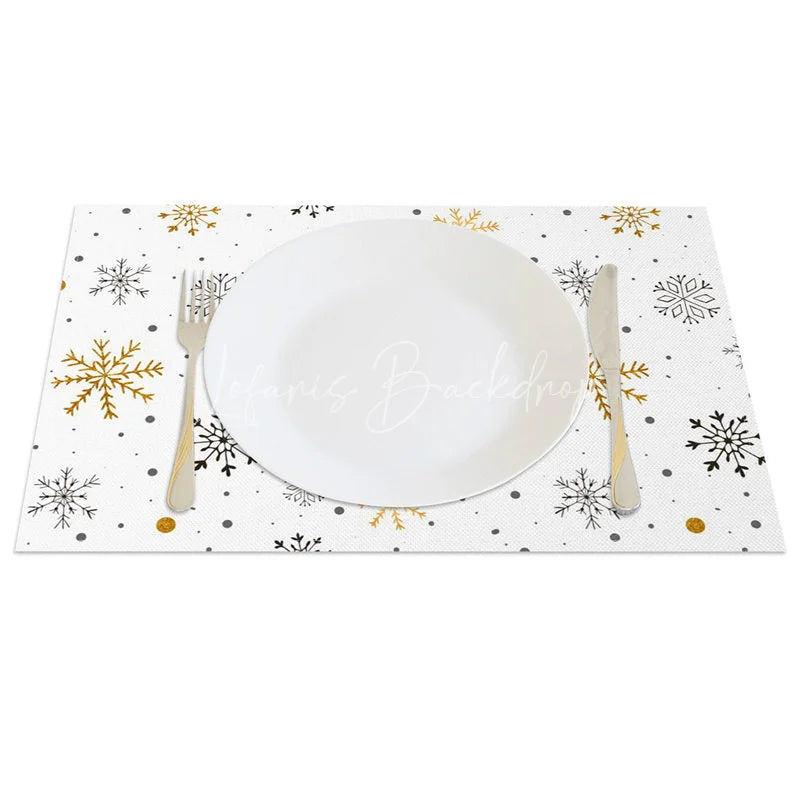 Lofaris Winter Snowflake Set of 4 Placemats White with Gold and Black Snowflakes Modern Holiday Table Mats
