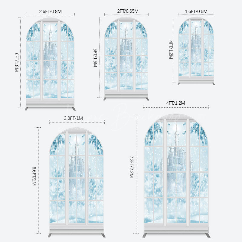 Lofaris Winter Snowy Blue Castle Window Scene Arch Backdrop