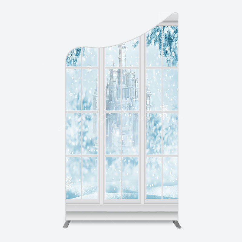Lofaris Winter Snowy Blue Castle Window Scene Arch Backdrop