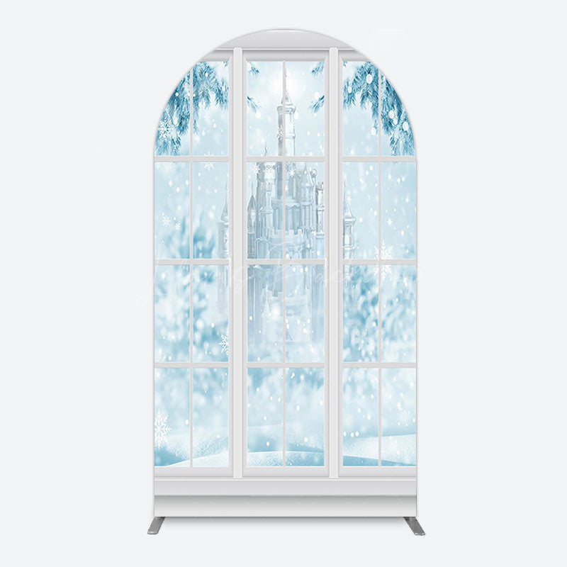Lofaris Winter Snowy Blue Castle Window Scene Arch Backdrop