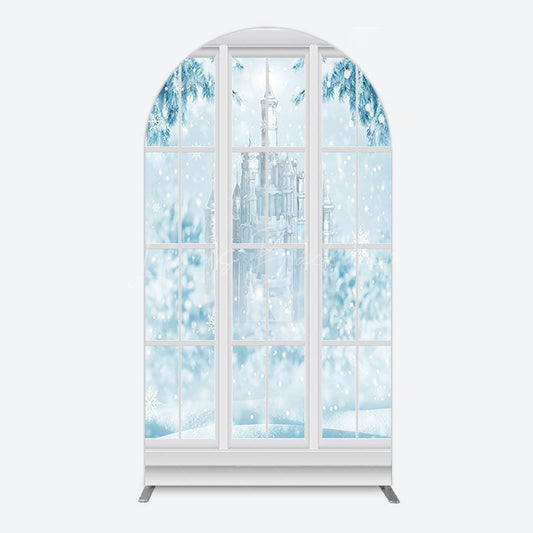 Lofaris Winter Snowy Blue Castle Window Scene Arch Backdrop
