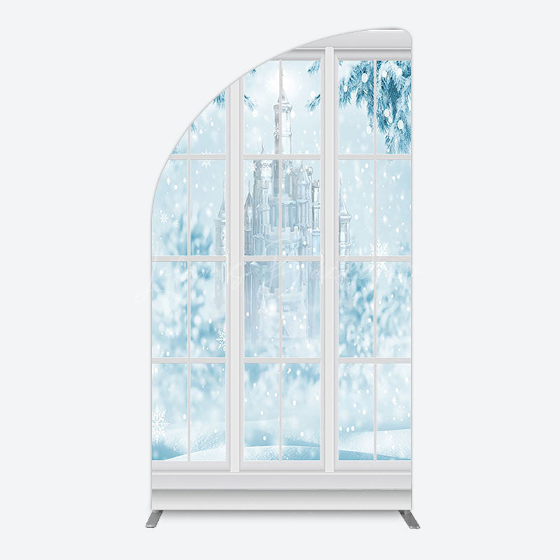 Lofaris Winter Snowy Blue Castle Window Scene Arch Backdrop