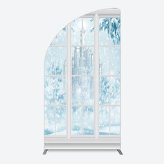 Lofaris Winter Snowy Blue Castle Window Scene Arch Backdrop