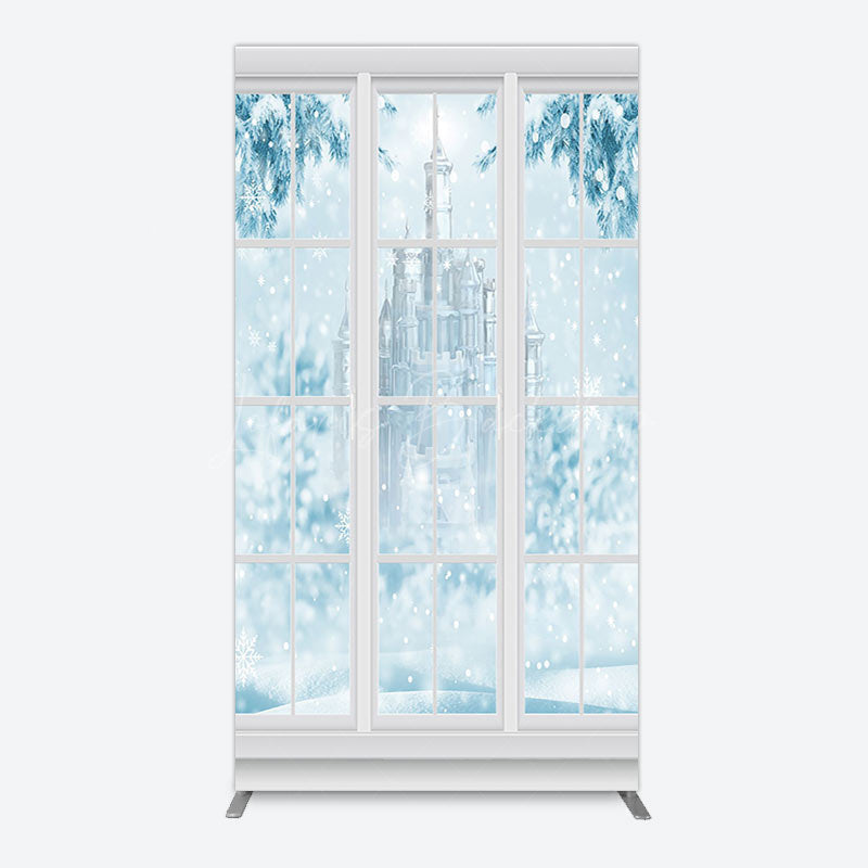 Lofaris Winter Snowy Blue Castle Window Scene Arch Backdrop