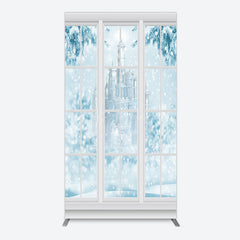 Lofaris Winter Snowy Blue Castle Window Scene Arch Backdrop