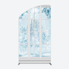 Lofaris Winter Snowy Blue Castle Window Scene Arch Backdrop