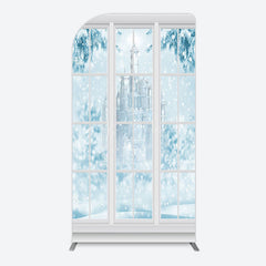 Lofaris Winter Snowy Blue Castle Window Scene Arch Backdrop