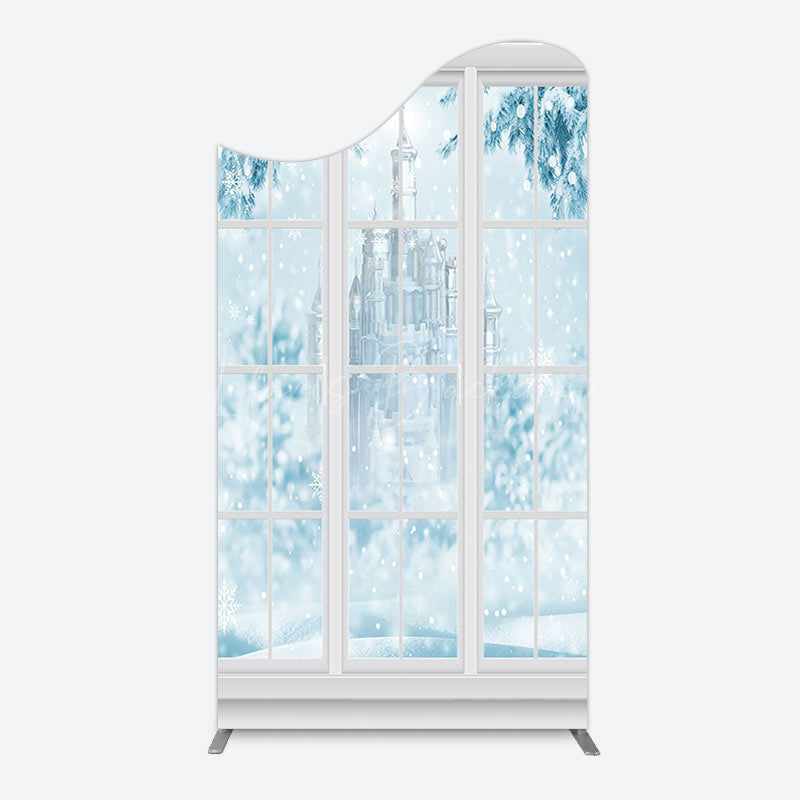 Lofaris Winter Snowy Blue Castle Window Scene Arch Backdrop