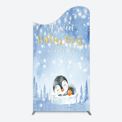 Lofaris Winter Snowy Blue Penguin Baby Shower Arch Backdrop