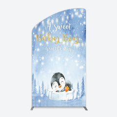 Lofaris Winter Snowy Blue Penguin Baby Shower Arch Backdrop