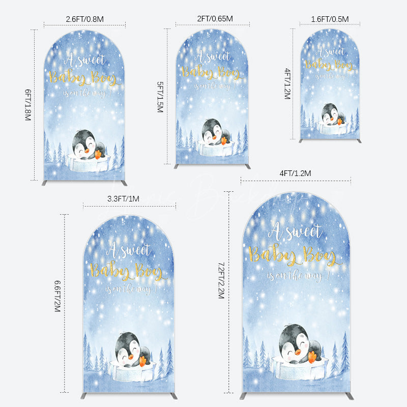 Lofaris Winter Snowy Blue Penguin Baby Shower Arch Backdrop