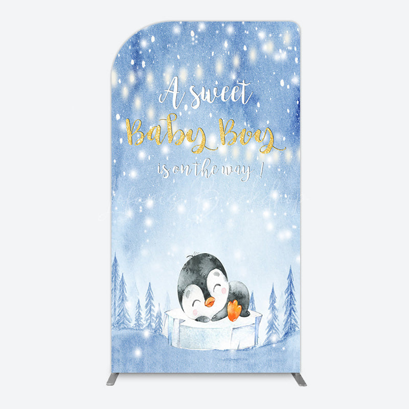 Lofaris Winter Snowy Blue Penguin Baby Shower Arch Backdrop